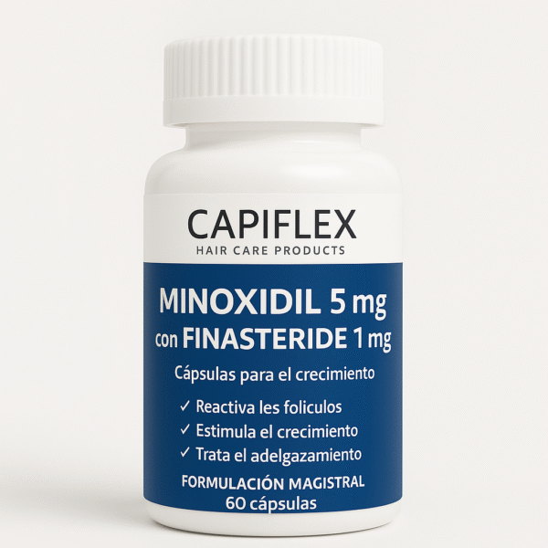 Cápsulas de Minoxidil 5 mg y Finasteride 1 mg Capiflex para tratar la caída del cabello.