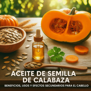 Aceite de semilla de calabaza en botella de vidrio junto a calabaza abierta con semillas y mechones de cabello saludable sobre mesa de madera.
