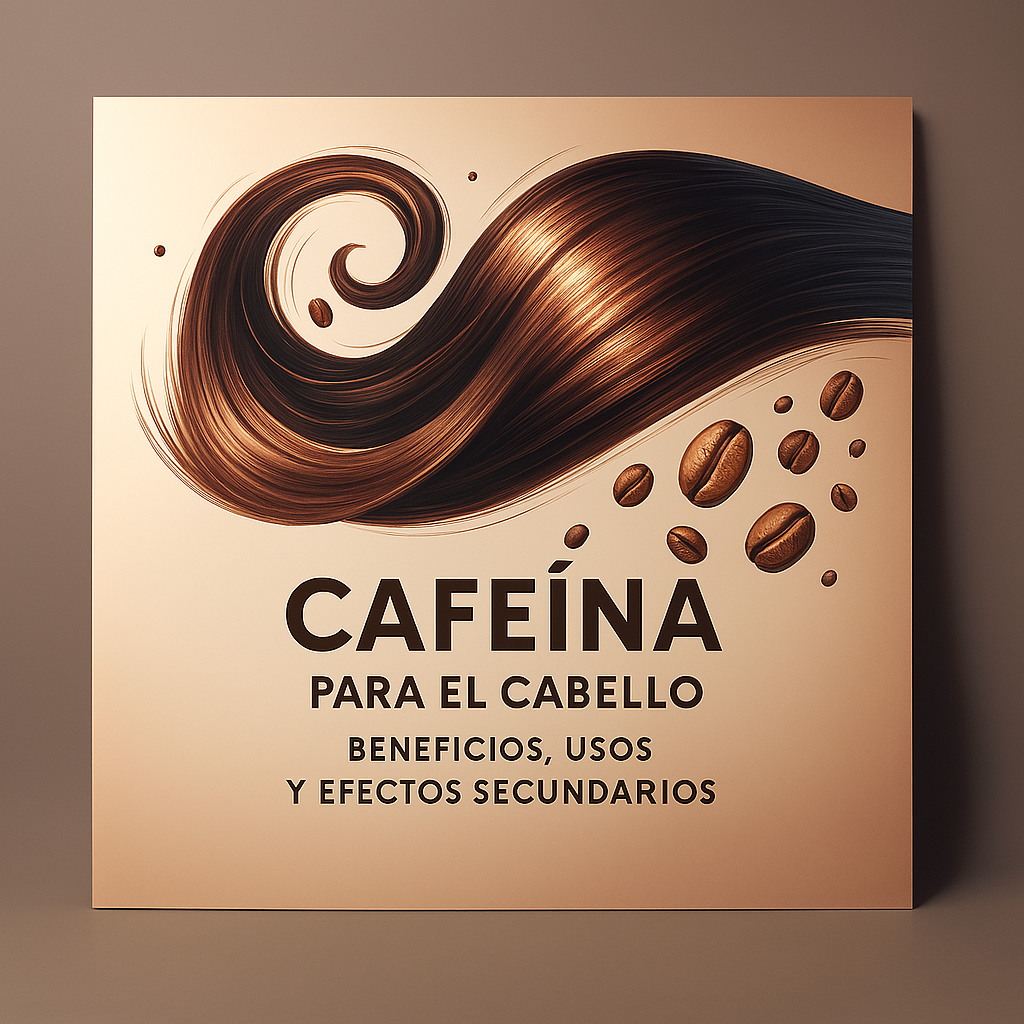 Ilustración de granos de café y cabello saludable representando los beneficios de la cafeína para el cabello.