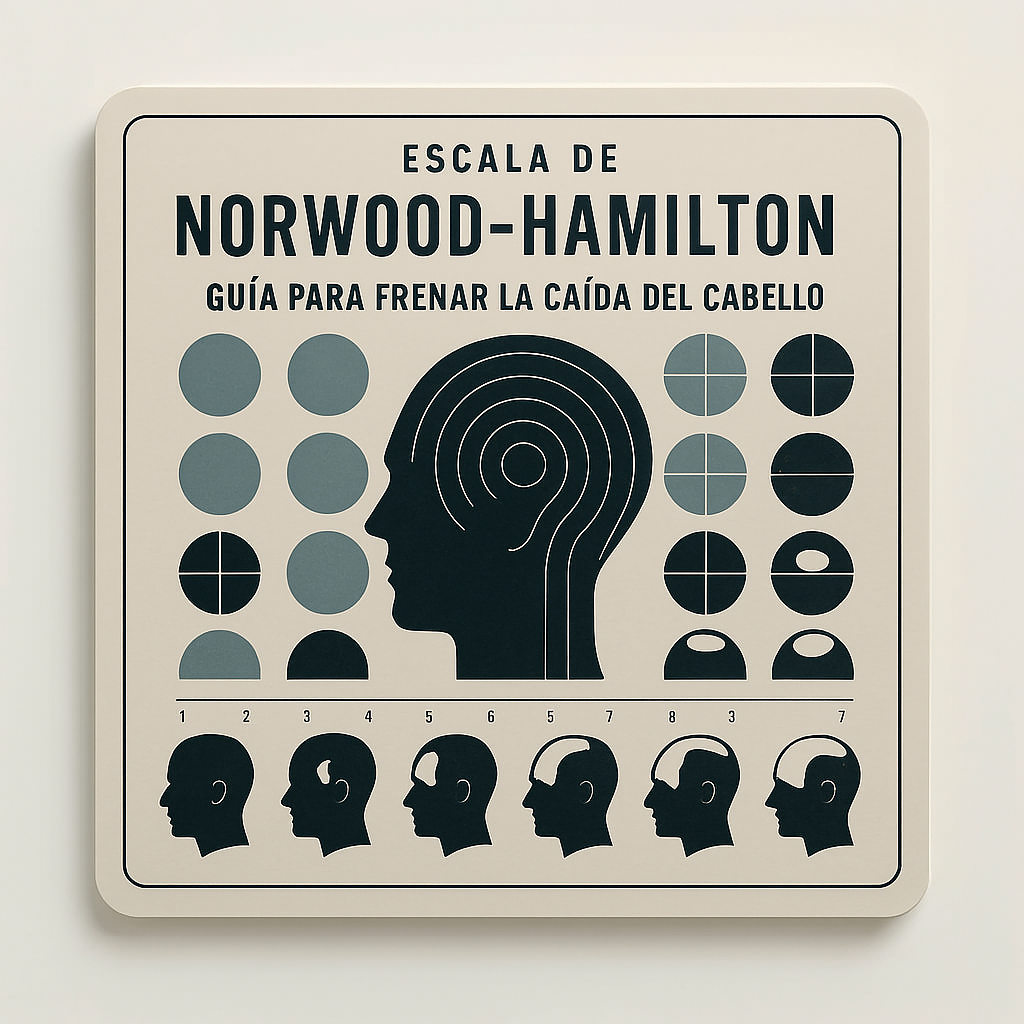 Imagen de portada mostrando la Escala de Norwood-Hamilton con guía para frenar la caída del cabello.