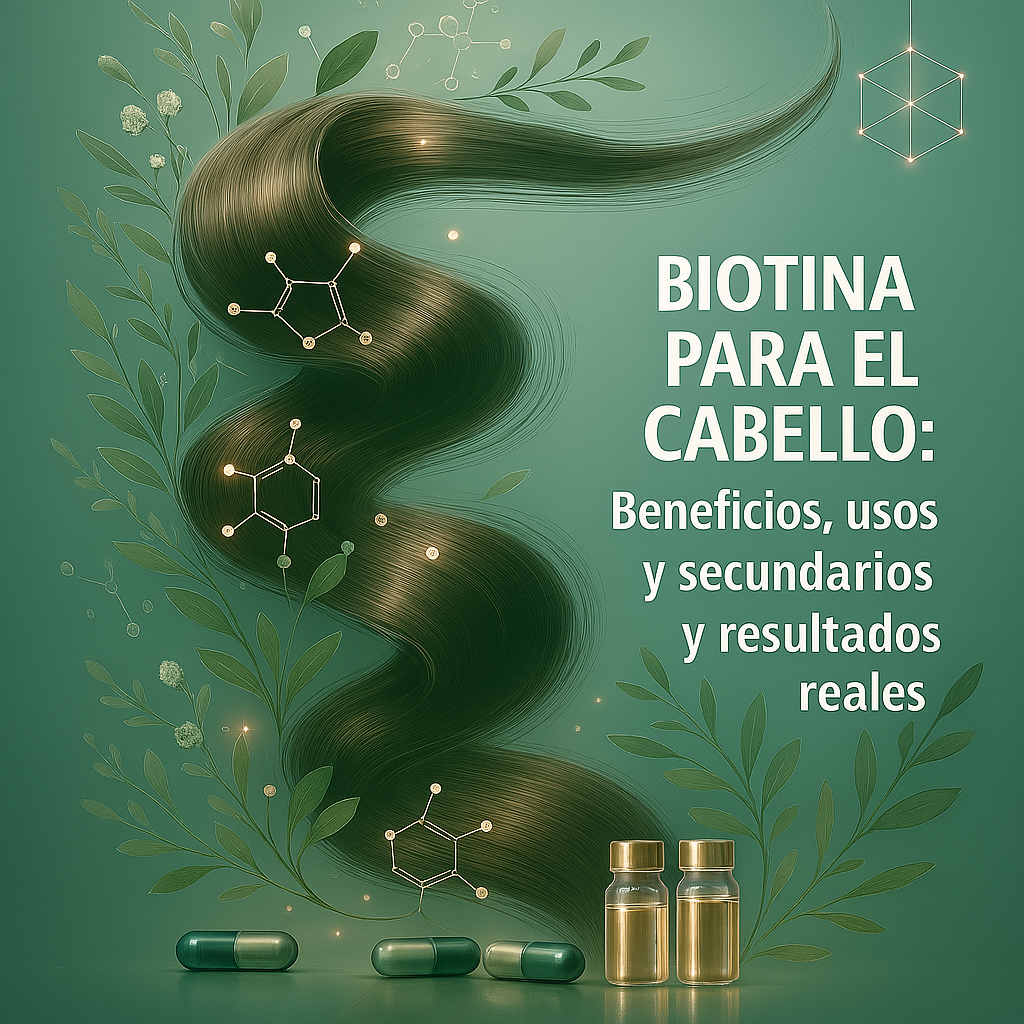Biotina para el cabello: beneficios, efectos secundarios y resultados reales representados con cabello saludable, cápsulas de biotina y motivos naturales en colores neutros.