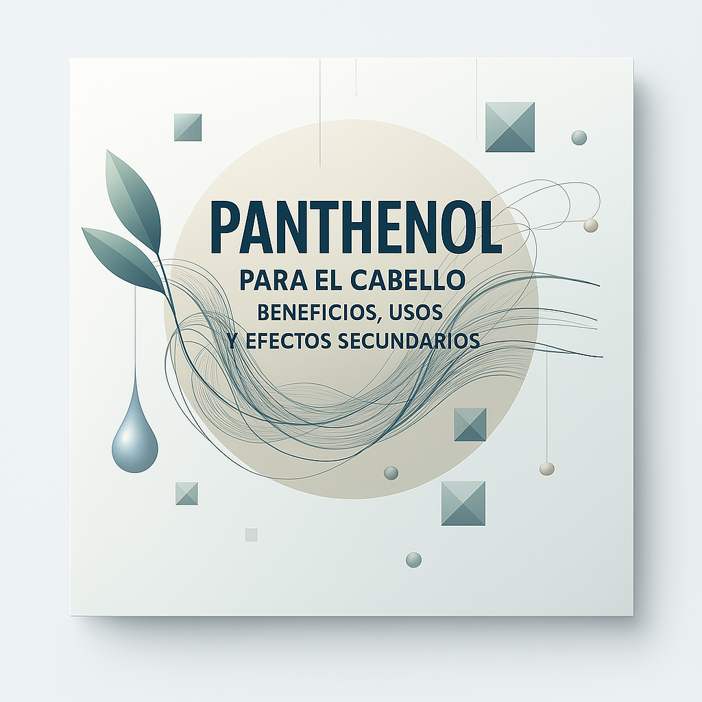 Imagen que representa los beneficios del Panthenol para el cabello, hidratación y fortalecimiento con diseño moderno y neutro.