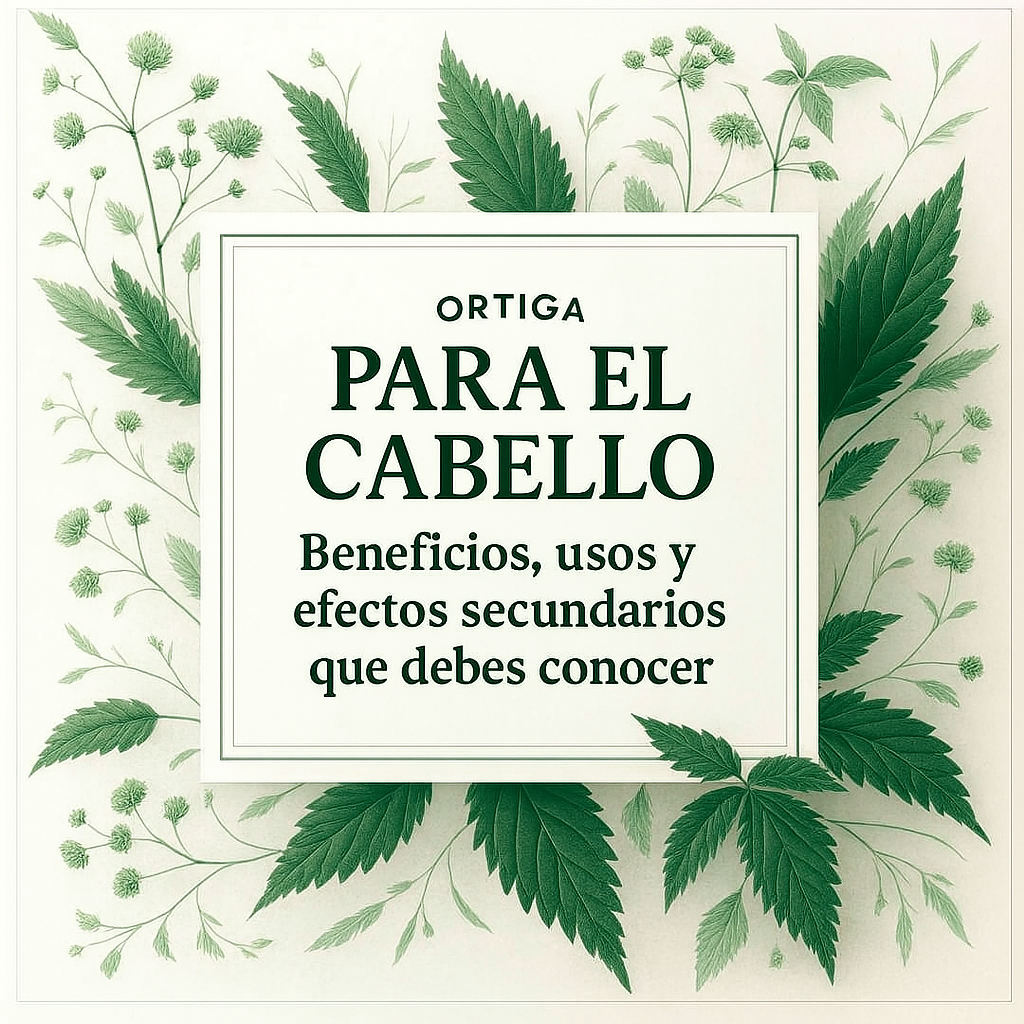 Imagen de ortiga y cabello saludable, ilustrando beneficios y usos para el cuidado capilar.