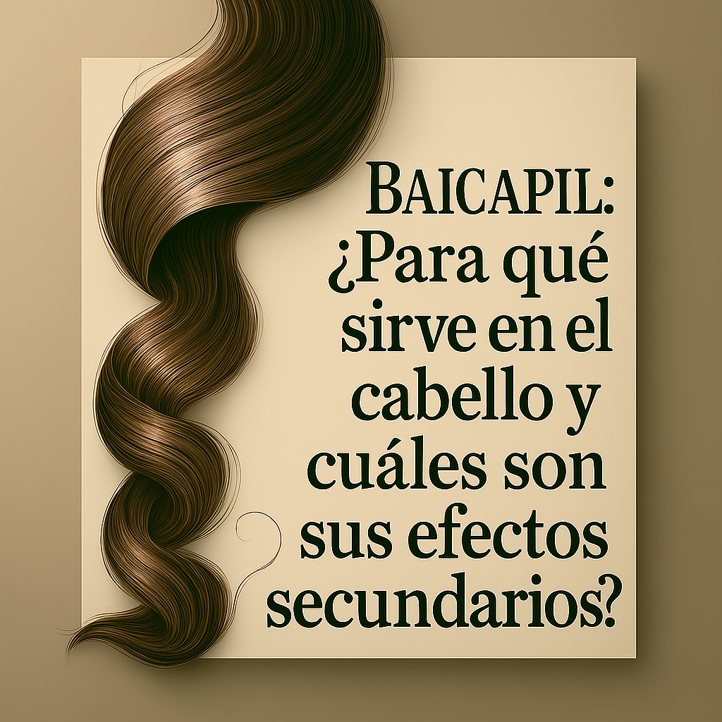 Baicapil para el cabello con ilustración de mechones saludables y frasco de tratamiento